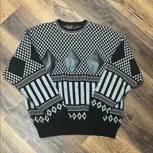 Georgio Romani Black Knit Pullover Sweater Geo Retro Pleather Details Men Large